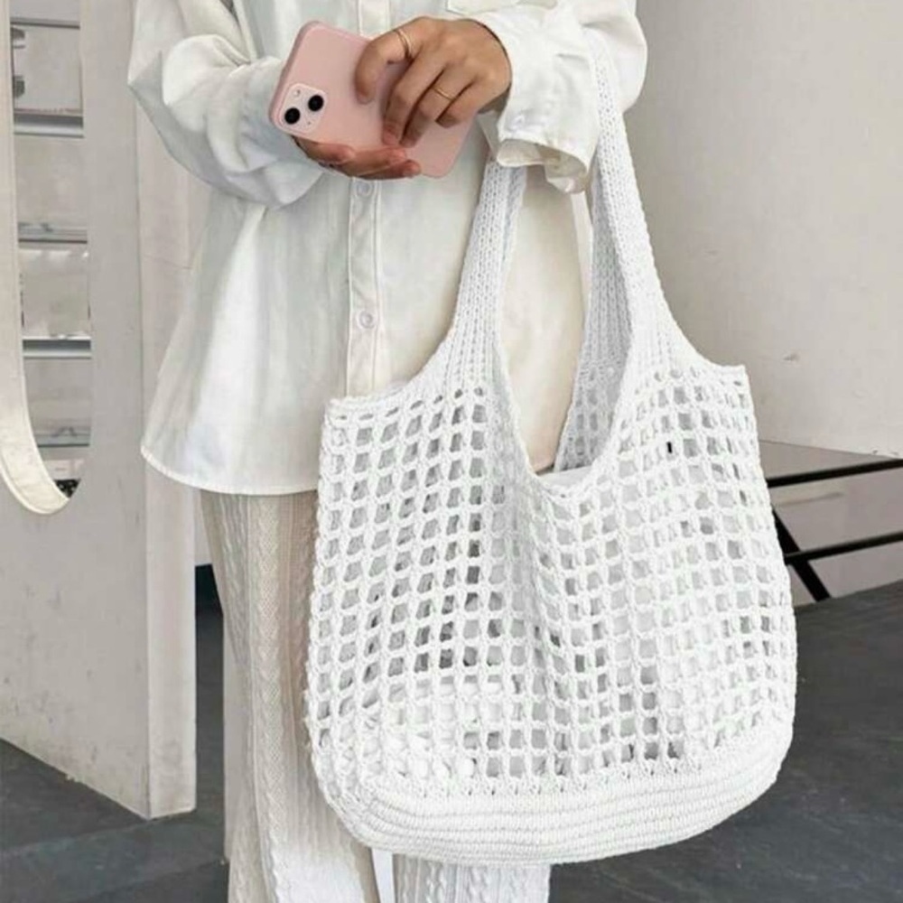 NEW Lightweight White Crochet Shoulder Bag – Large Capacity